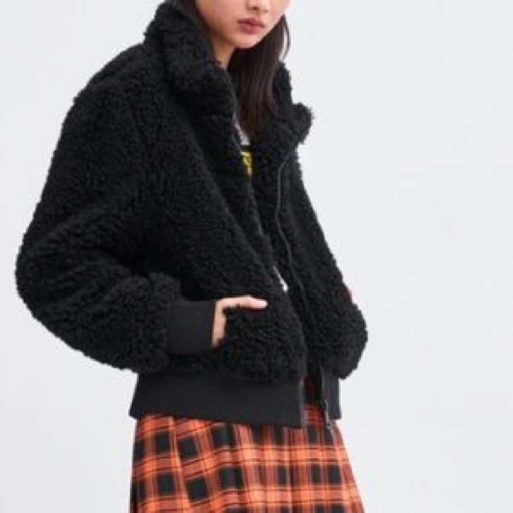 NWT Zara Black Fleece Sherpa Bomber High Collar SZ SMALL - Picture 2 of 13